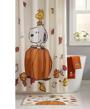 Peanuts Snoopy Fall Bathroom SET Rug and Shower Curtain Thanksgiving Halloween
