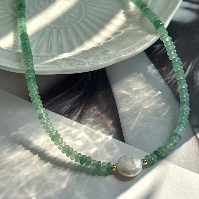 Natürlicher grüner Aventurin & Perle glatt Rondell Edelstein Perlen Halskette... - Bild 4 von 4