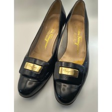 Salvatore Ferragamo Black Leather Pumps Gold Ornament Detail Classic