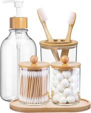 5 Pack Bamboo Bathroom Accessories Set with Tray - Plastic Soap Dispenser Clear