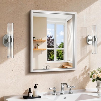 18x24 Brushed Silver Rectangular Wall Mirror - Chunky Metal Frame, Bathroom & Li
