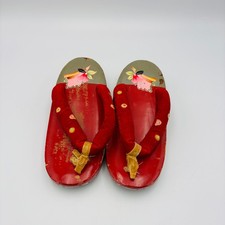 Vintage Childrens Japanese Wooden Geta Clogs Shoes Red Hand Painted Florals Used