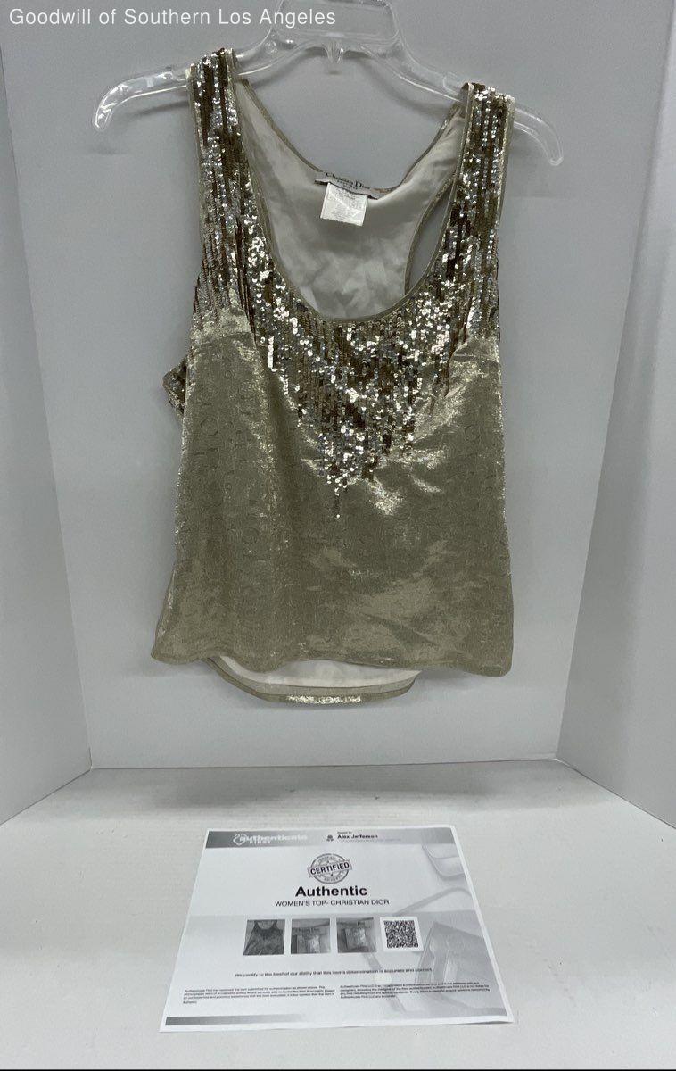 Christian Dior Women's Gold Sequin Silk Blend Metallic Tank Top US 8