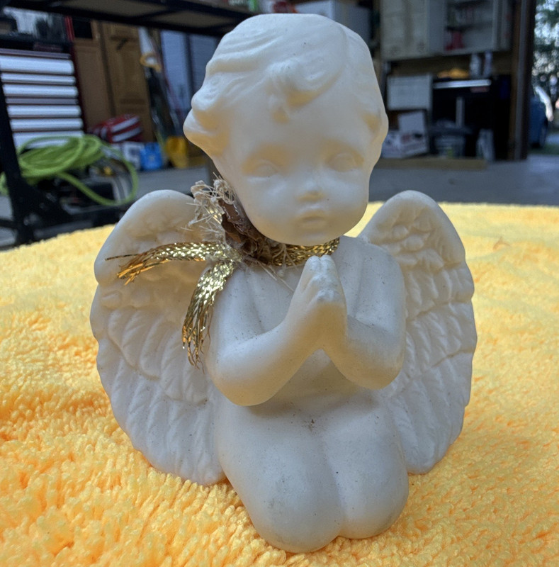 White Gold Resin Cherub Angel Figurine Matte Finish 3D Effect