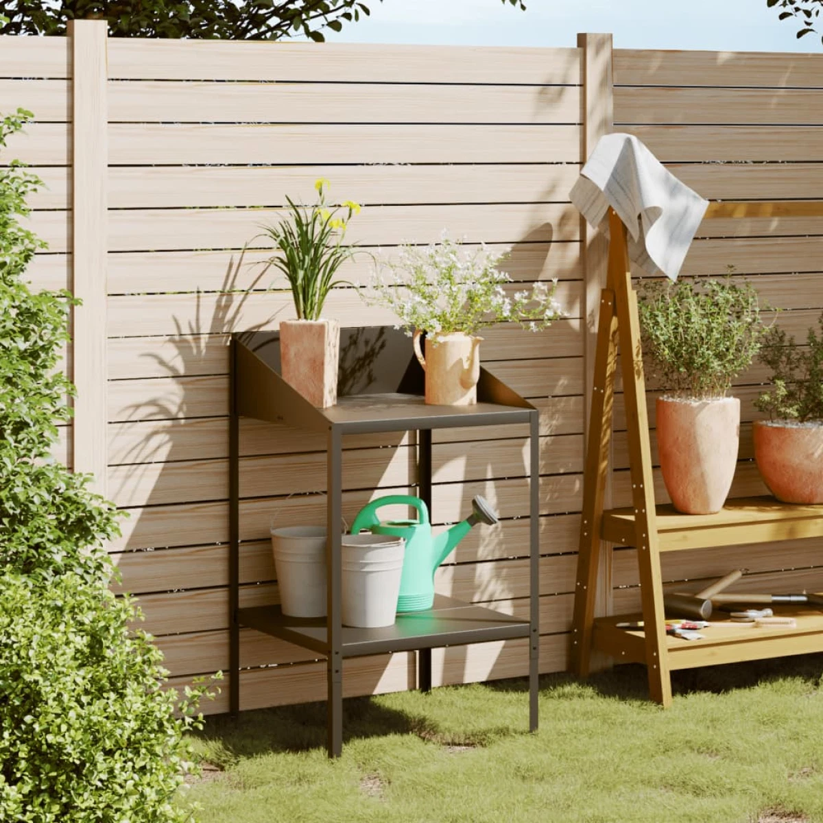 Plant stand Anthracite Galvanised Steel 56.5x54.5x100cm 2-tiered Indoor/Outdoor
