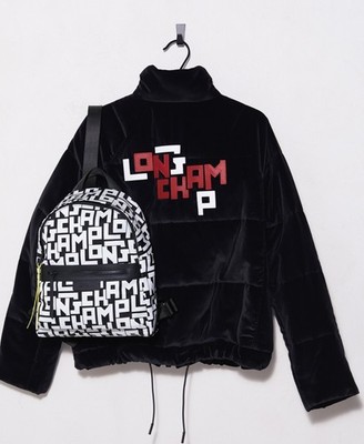 Longchamp LGP Black Velvet Puffer Jacket Logo Zip Jacket MED US 6 NWT