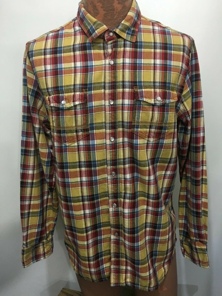 Howe L Snap-Front Yellow Blue Red Plaid Long-Sleeve Cotton Shirt Cowboy Western - Image 2 of 4