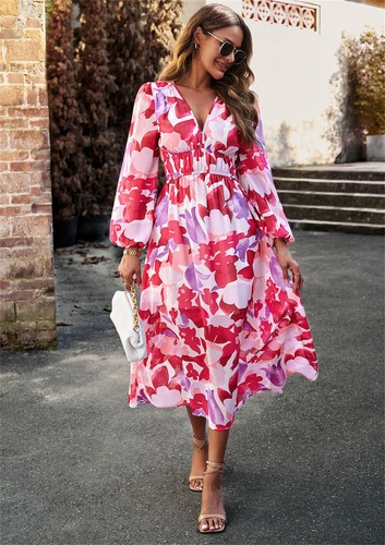 Women's Fall Dresses Elegant Dress Long Sleeve Floral Dress Flowy Long Dress - Picture 5 of 15