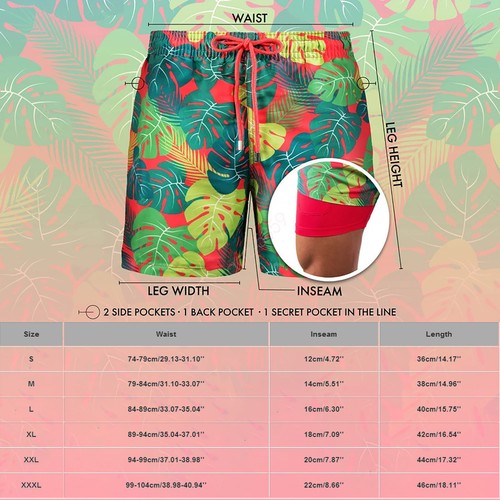 New Mens Quick Dry Printed Short Swim Trunks Built-in Compression Liner Swimwear - Picture 7 of 23