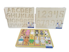 Set of 3 Educational Pre K Learning Wooden Alphabet  Number Tracing Puzzles, 3 