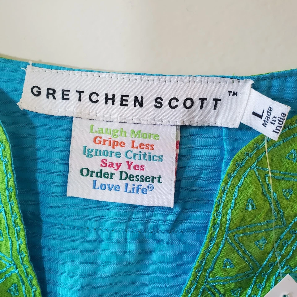 Túnica Gretchen Scott Mujer L Algodón Brillante Bordada Azul Verde Boho Hippie  Foto 3 de 4