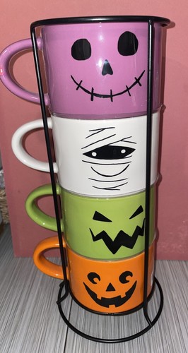 New! Rae Dunn Halloween Spooky Treats Boo Wicked Stacking Mugs With Metal Stand - Picture 1 of 4