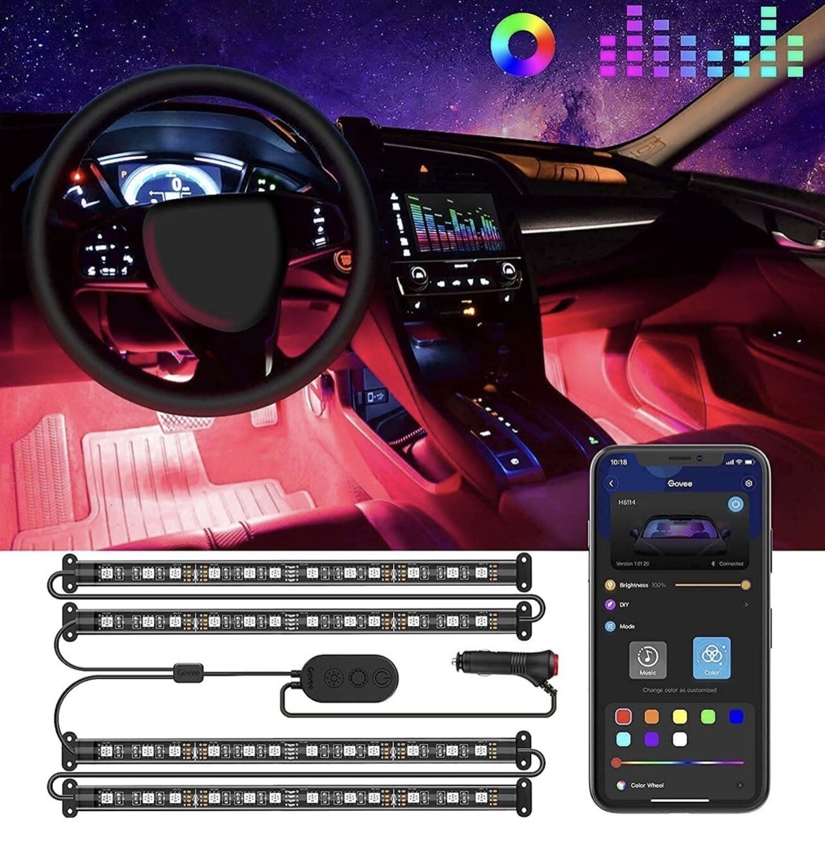 Lumière LED D'ambiance Pour Voiture - USB - 7 Couleurs RVB Dégradées - Contrôle De Luminosité - Installation Facile - 8