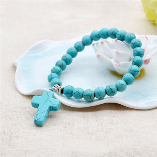 Gent's Natural Crystal Amethyst Stone Cross Pendant Beaded Charm Bracelet Bangle - Picture 10 of 23