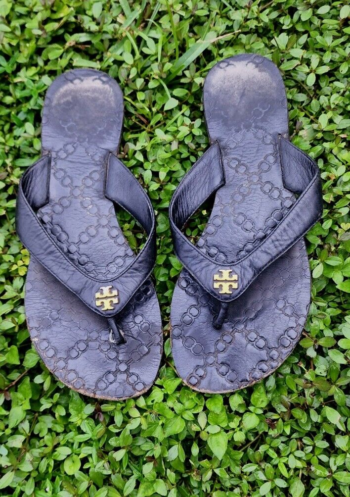 Tory Burch Monroe Black Leather Sandals Gold Logo Flats Sz 7M | eBay