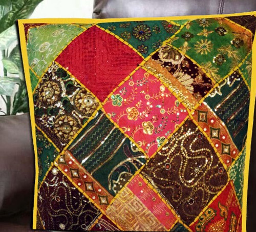 Yellow 30" India Patchwork Cushion Pillow Cover Embroidered Throw Handmade Decor
