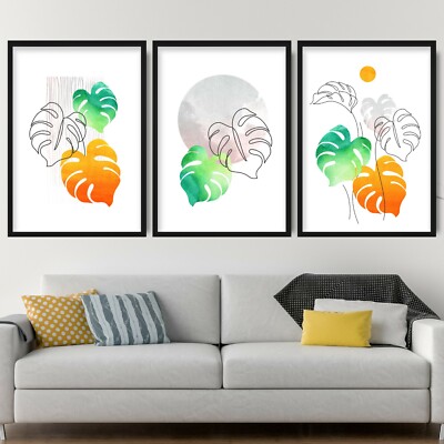 Gerahmtes Tropisches Aquarell Blätter Orange Kunstdrucke Bilder Wandbilder 3er Set