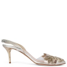 70966 auth OSCAR DE LA RENTA silver leather BEADED BROCADE Slingbacks Shoes 38.5