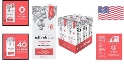 Unsweetened Vanilla Macadamia Milk - 32 Fl Oz - Pack of 6 - Lactose Free & Vegan - Picture 2 of 8
