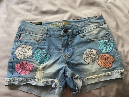 Girls Embroidered Patch flower Hippy Cutoff Jean shorts size 14 bnwot