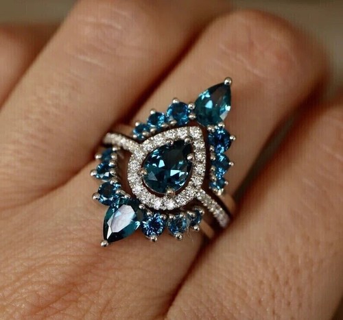 14k White Gold Plated Pear Cut Simulated Blue Topaz Fancy Bridal Guard Set Ring
