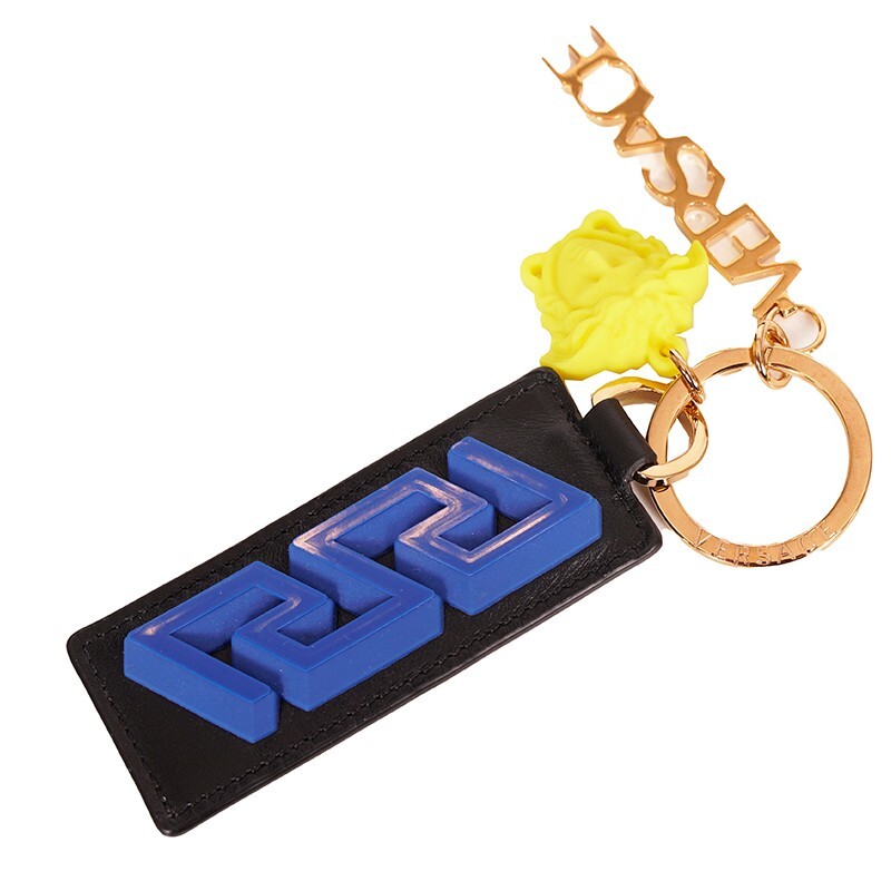 希少✨VERSACE Medusa Leather l Keychain NEW $425 VERSACE Black Leather w/ Blue Rubber LA GRECA