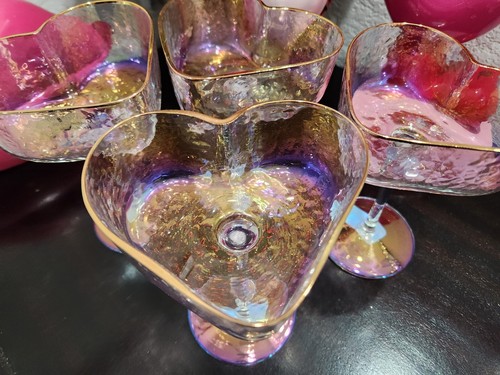 4pc Valentines Iridescent Heart Shaped Coupe Cocktail Glasses with Gold Rim - 第 3/4 張圖片