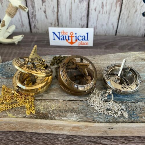 Brass Compass - Sundial, Push Button w/ Lid, Antique, Gold, Silver, Necklace - Picture 16 of 20
