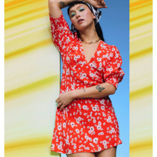 Rixo x Target | Orange-Red Ditsy Daisy Floral Puff Sleeve V-Neck Mini Dress US 2