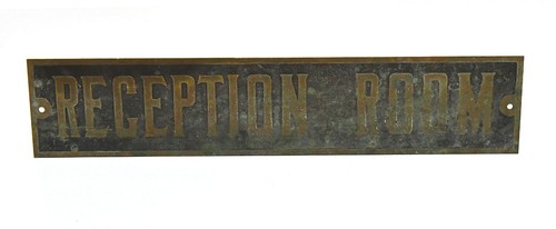 VINTAGE METAL BRASS RECEPTION ROOM PLAQUE SIGN 11 3/4 X 2 1/2 - Picture 2 of 4