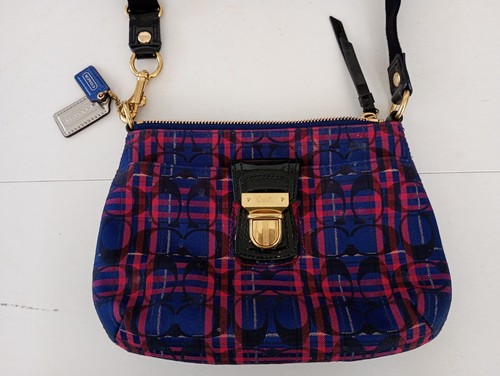 Coach Poppy Tartan Plaid Crossbody Shoulder Bag Purse Navy & Red W/Metallic - Picture 2 of 14