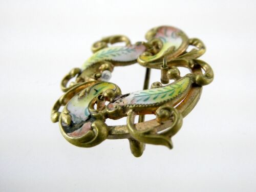 Spilla antica francese Art Nouveau foglie smaltate ottone multicolore COSÌ COM'È - Foto 3 di 16