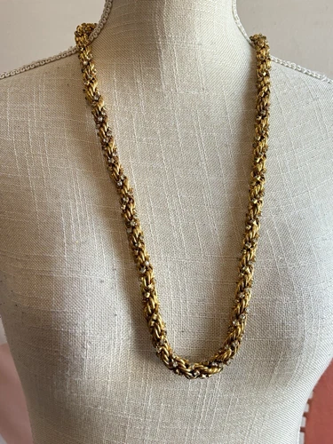 CHRISTIAN DIOR Jewelry Gold Tone Chunky Rope Rhinestone Necklace Chain 1980s Vtg
