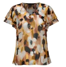 Cabi 4344 Agenda Brown Neutral Watercolor Sheer Flutter Sleeve V-neck Blouse S