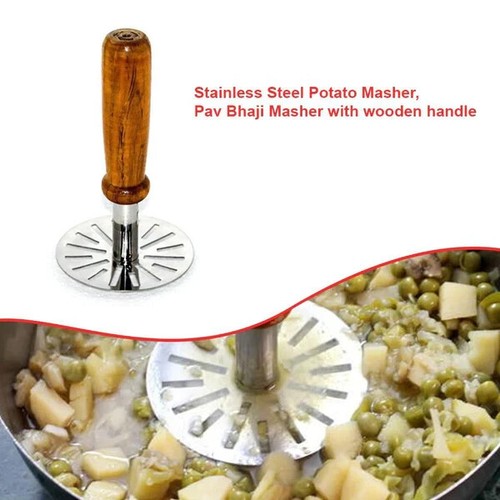 Kitchen Stainless Steel Potato Masher Pav Bhaji Masher with Wooden Handle - Picture 2 of 3