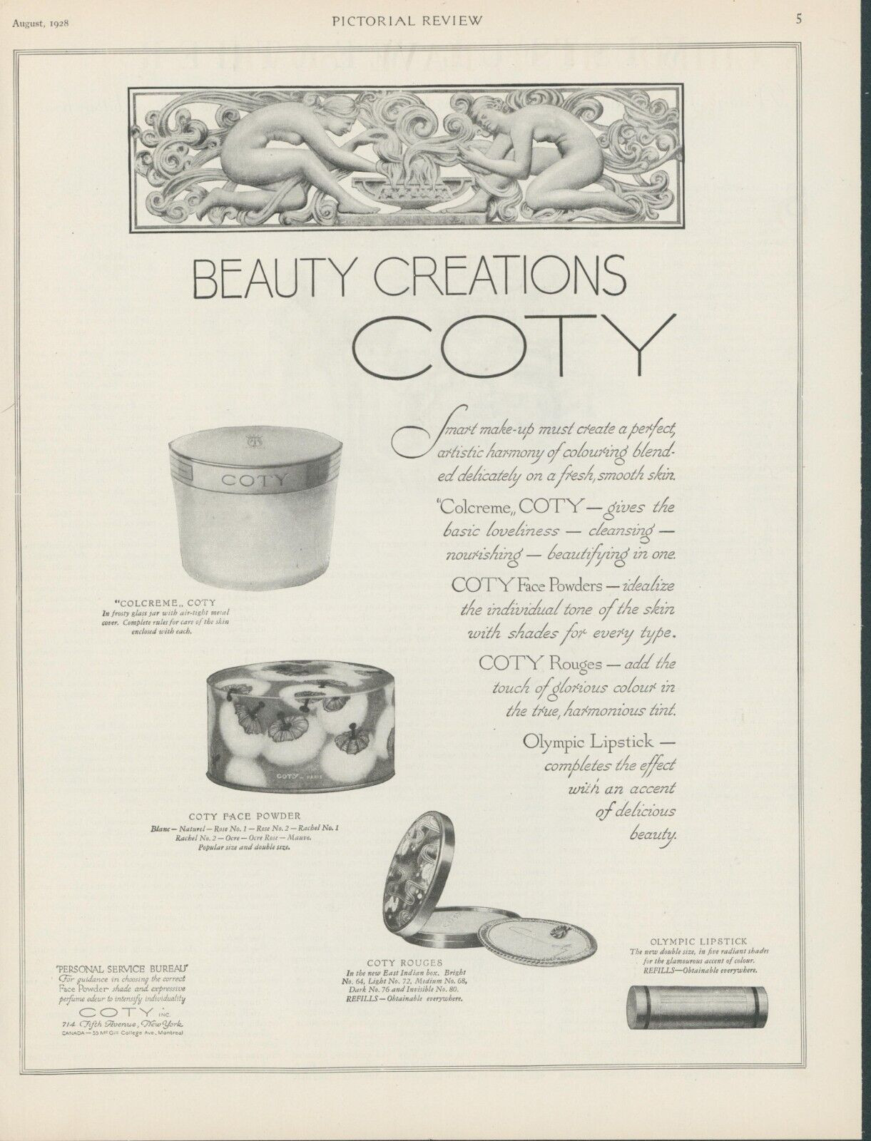 1928 Coty Beauty Creations Colcreme Face Powder Rouge Lipstick Print Ad PR7