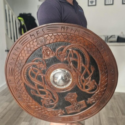 viking carved wooden shield 22" inches ,brown/black cosplay,wall decor
