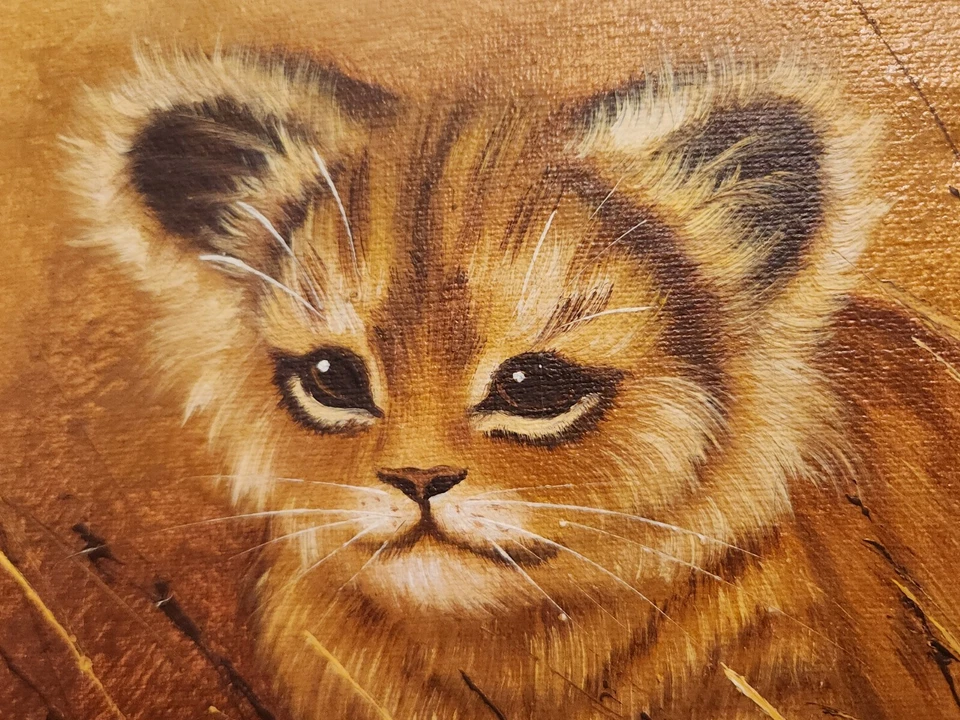 Pintura Original Vintage Firmada por Rex Óleo sobre Lienzo Enmarcada Bebé Tigre 10"x8" Gato Foto 4 de 4