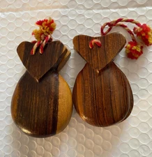 Set 2 Vintage Spanish Hand-Carved Handmade Wood Castanets Castañuelas Flamenco