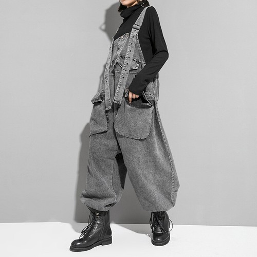 Mujeres Hip Hop Pantalones con Tirantes Denim Lavado Ropa de Calle Pantalones Sueltos - Imagen 3 de 7