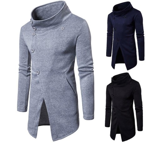 Men's Cotton High Collar Fleece Long Sleeve Button Jacket Slim Fit ...