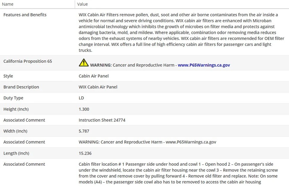 Filtro de aire de cabina WIX para AUDI A4 QUATTRO 1997-2001 L4-1,8 L Foto 3 de 4