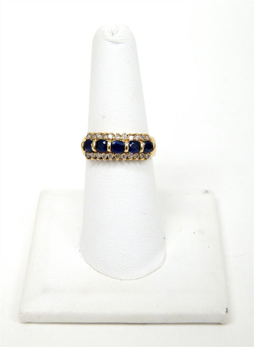 DNJ Signed 14k Yellow Gold Ring w Blue Sapphires & 1/3cttw White Diamonds View 2