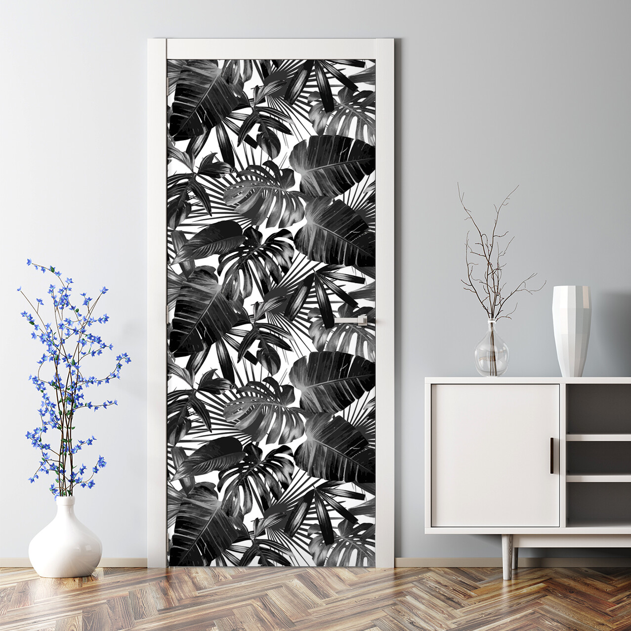 Dark Tropical Leaves Bubble-Free Repositionable Door Decal Exotic Pattern
