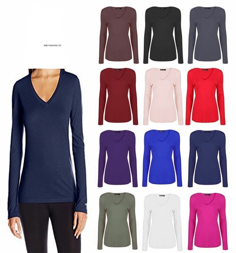 Womens Plain V Neck Long Sleeve Casual 