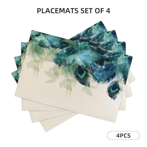 Teal Peacock Feathers Placemats Set of 4 Beautiful Blue Turquoise Floral Linen - Picture 3 of 8