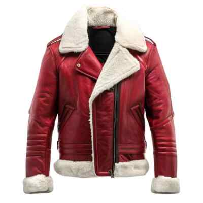 Fur Collar Cold Weather Leather Jacket Men's Red Fux Shearling