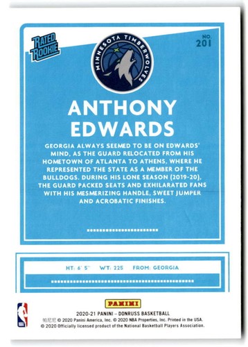 2020-21 Donruss #201 ANTHONY EDWARDS  RC Rated Rookies Minnesota Timberwolves  - Picture 2 of 2