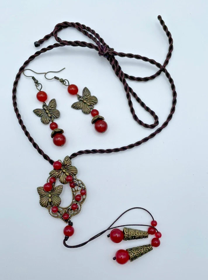Juego de Pendientes Collar Cordón Mariposa Latón Cornalina Ágata Roja Boho De Colección Foto 3 de 4