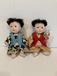 Vintage Ichimatsu Gofun 7.5” Boys in Kimino Japanese Doll Glass Eyes Japan